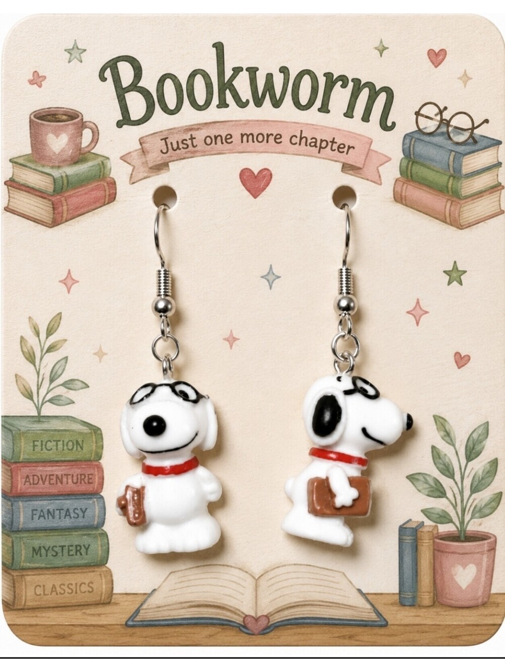 Retro Nostalgia Peanuts Snoopy Bookworm Librarian Cute Hypoallergenic Earrings
